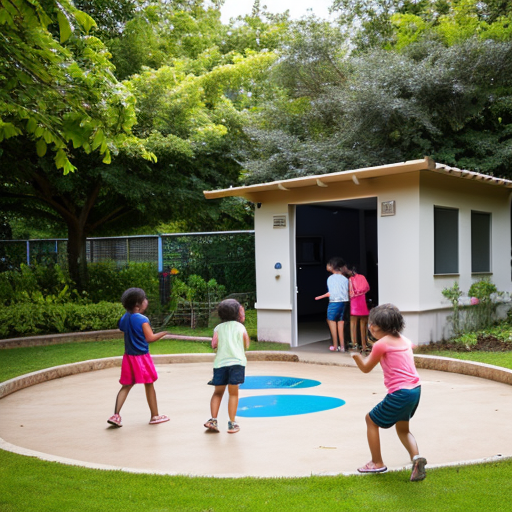 crianças brincando no pátio de um abrigo institucional